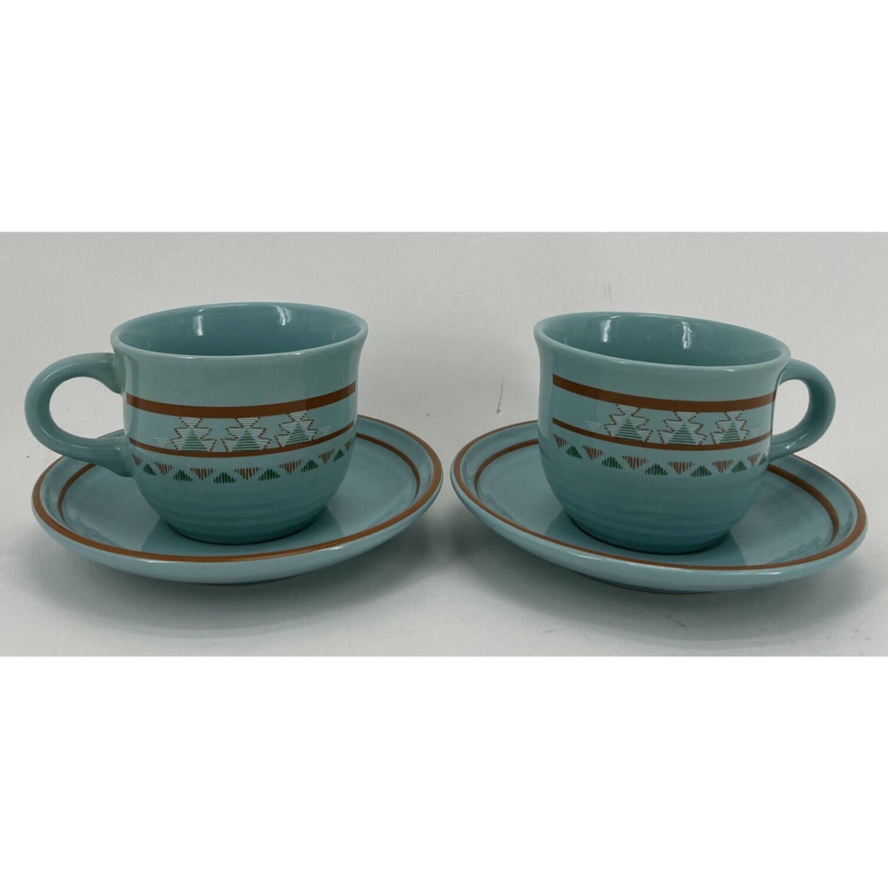 VTG INTERNATIONAL TABLEWORKS Southwestern Style Coffee Mug /Saucer Set of 2 Aqua